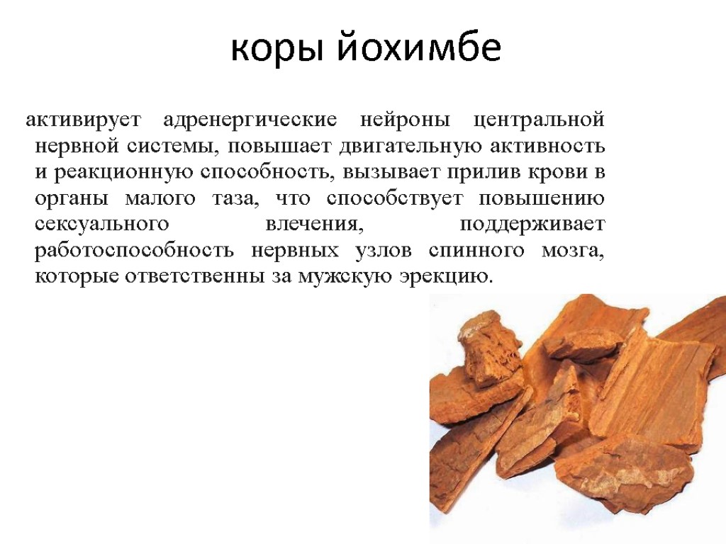 коры йохимбе активирует адренергические нейроны центральной нервной системы, повышает двигательную активность и реакционную способность,